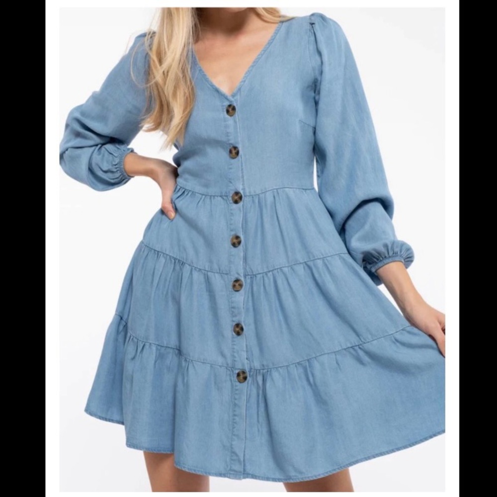 Tiered Button Front Boho Chambray Dress - image 1